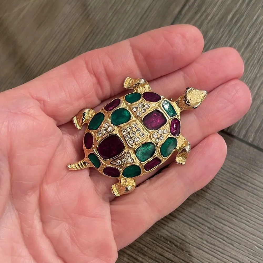 Vintage Gold-tone Rhinestone & Enamel Turtle Pin